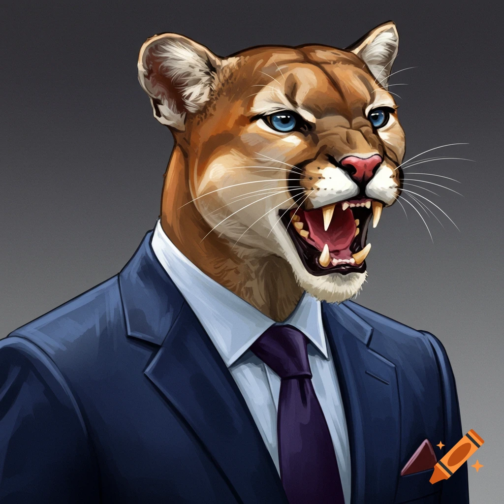 A cougar wearing a business suit and tie, looking fierce.