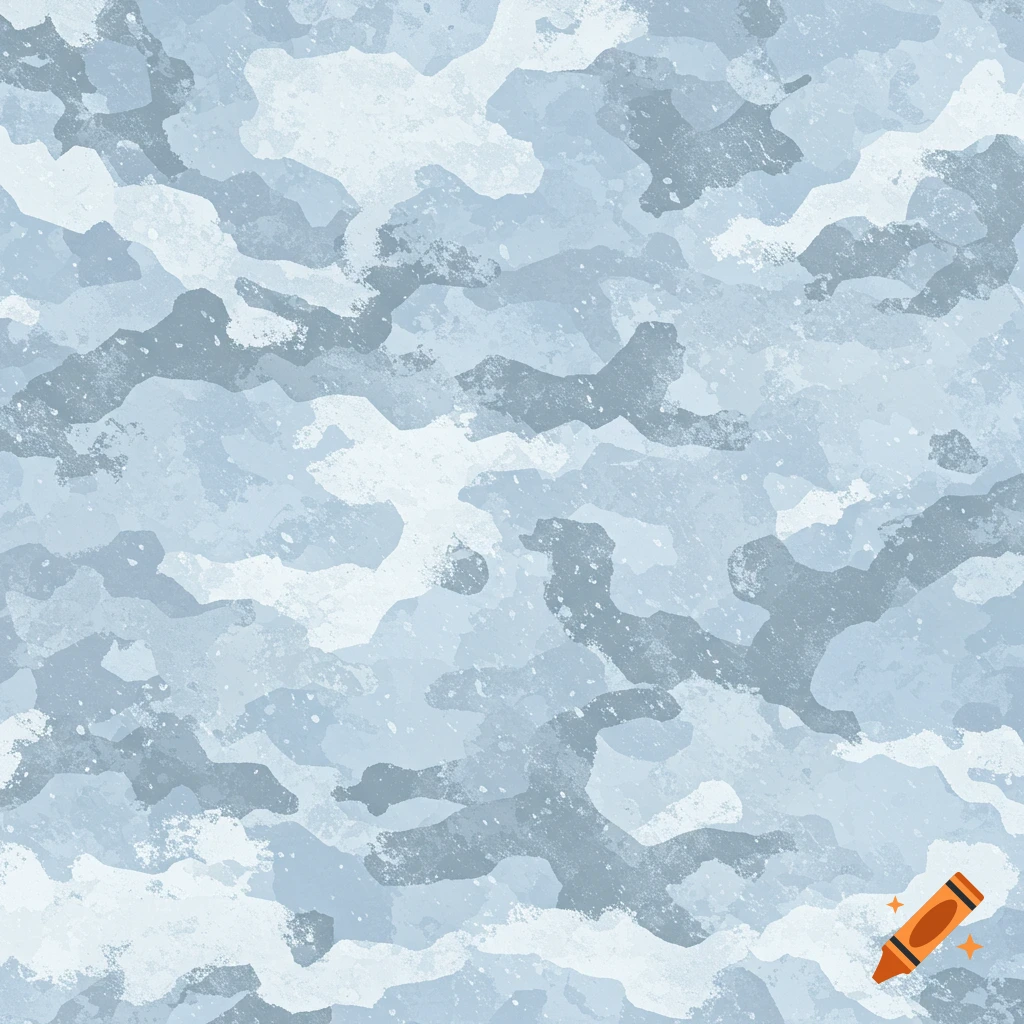 Winter camouflage pattern with light blue and gray shapes and white speckles.