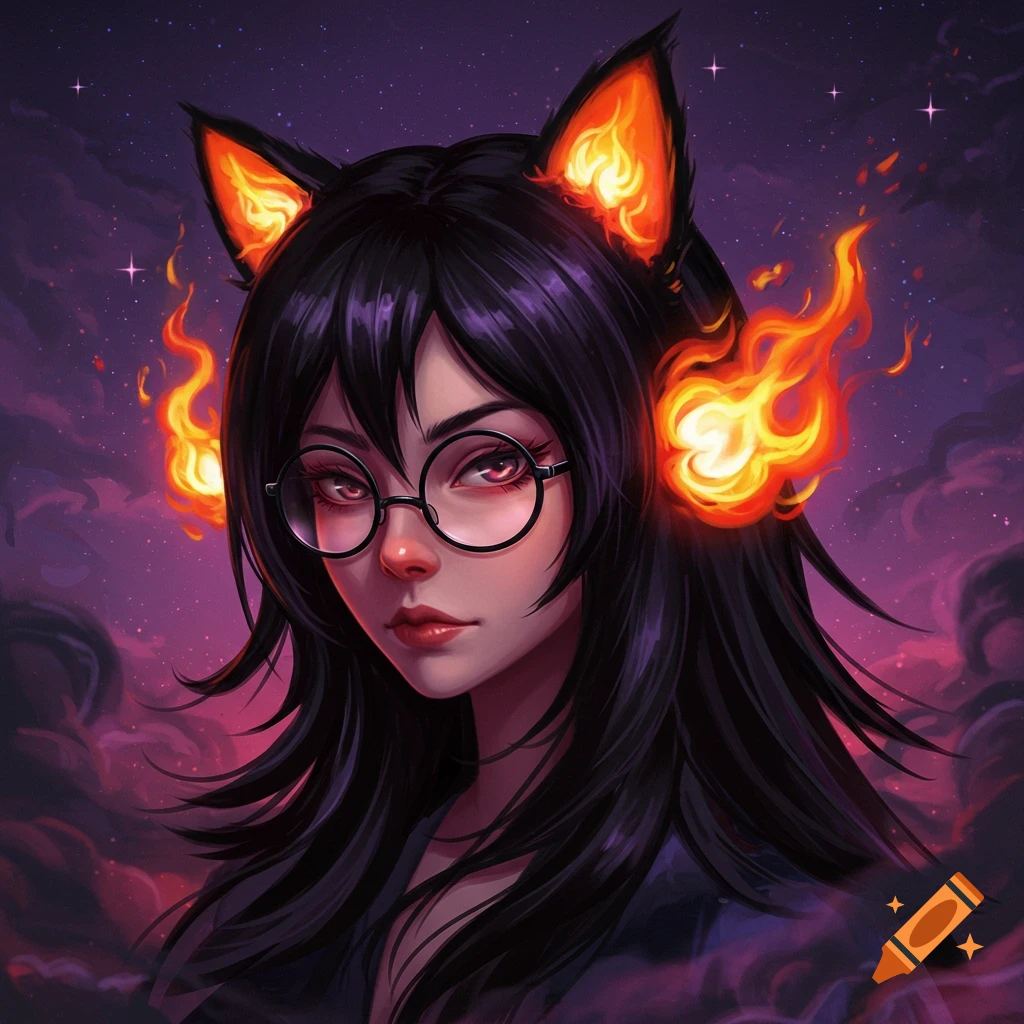 A female with fiery cat ears and glasses is positioned against a starry purple sky.
