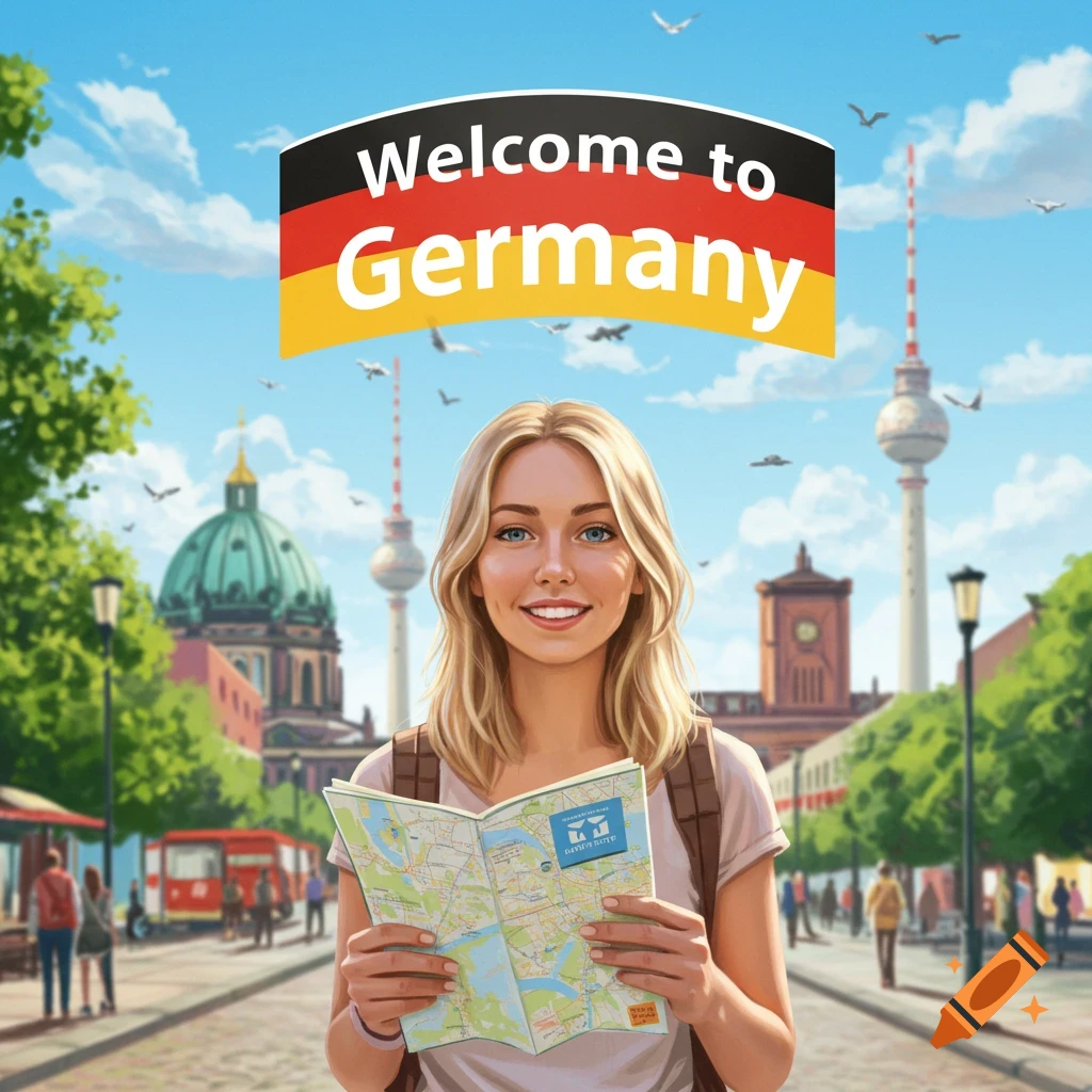 Illustrated woman traveler holding map in front of Berlin landmarks.