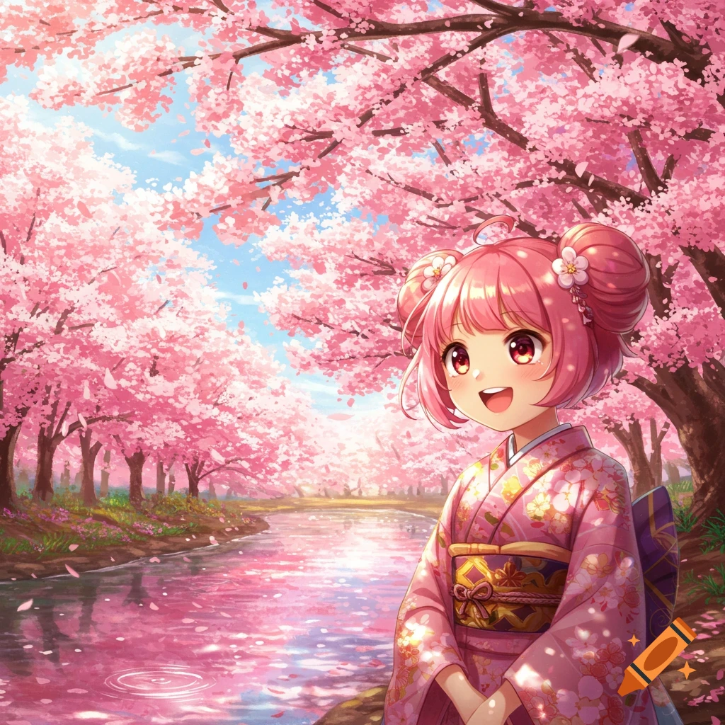 Anime girl with pink hair in a kimono standing by a river under cherry blossoms.