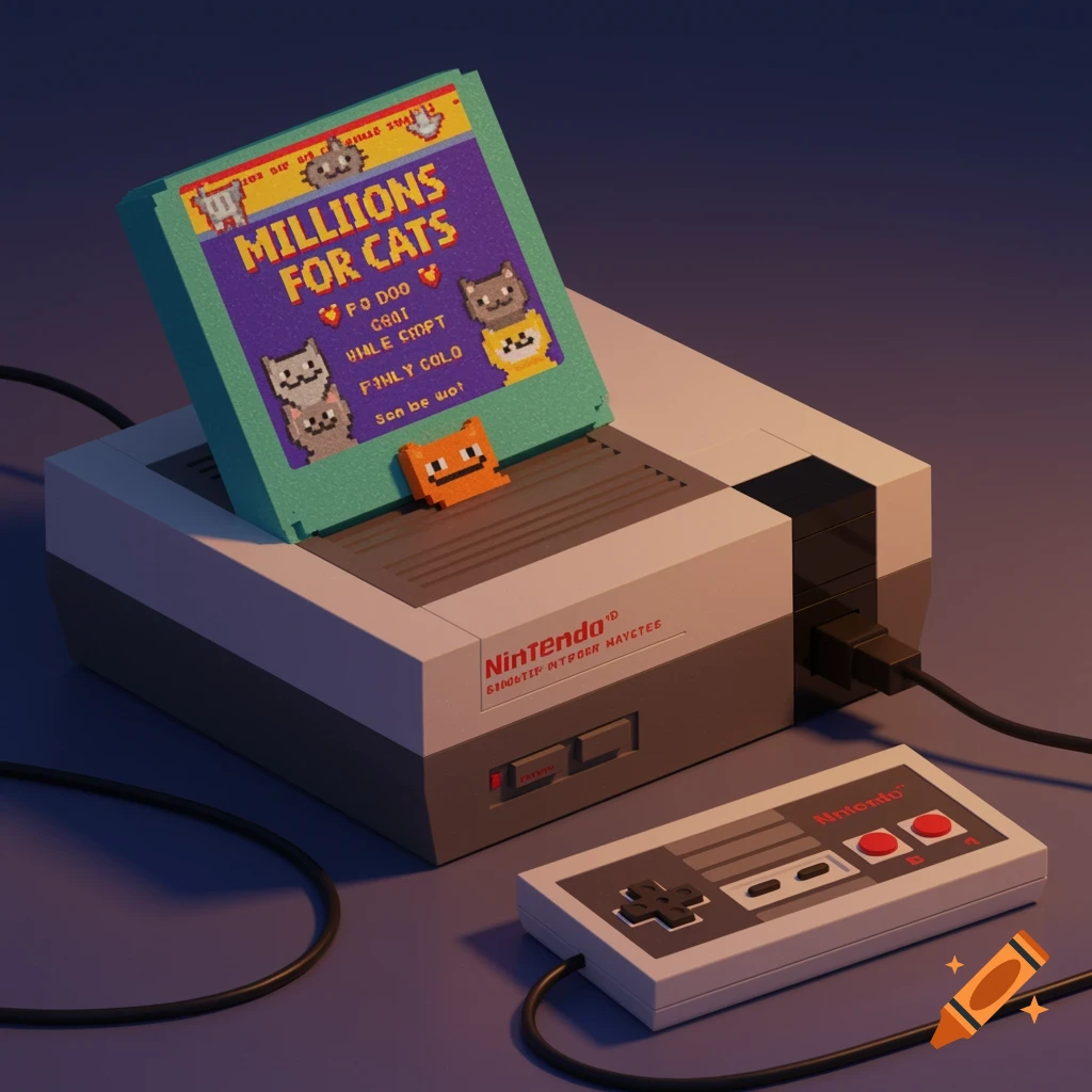 Pixel art rendering of a retro Nintendo console with a game cartridge showing pixel cats and a controller.