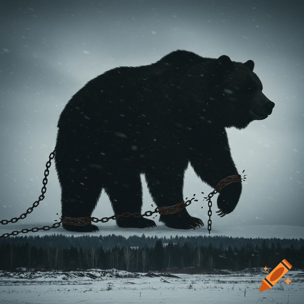 A large, dark silhouette of a bear stands on a snowy landscape with broken chains around its legs.