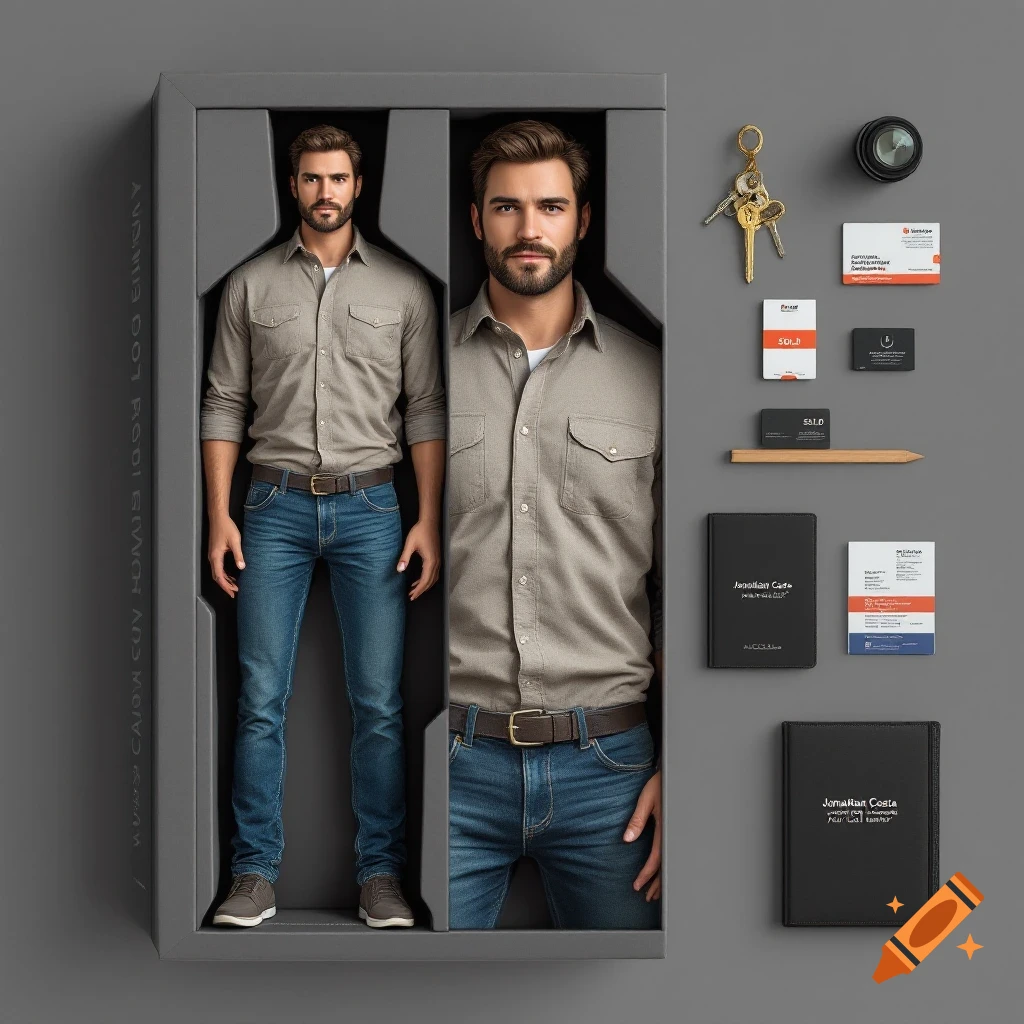 Male action figure in retail packaging with accessories like keys, portfolio, and cards.
