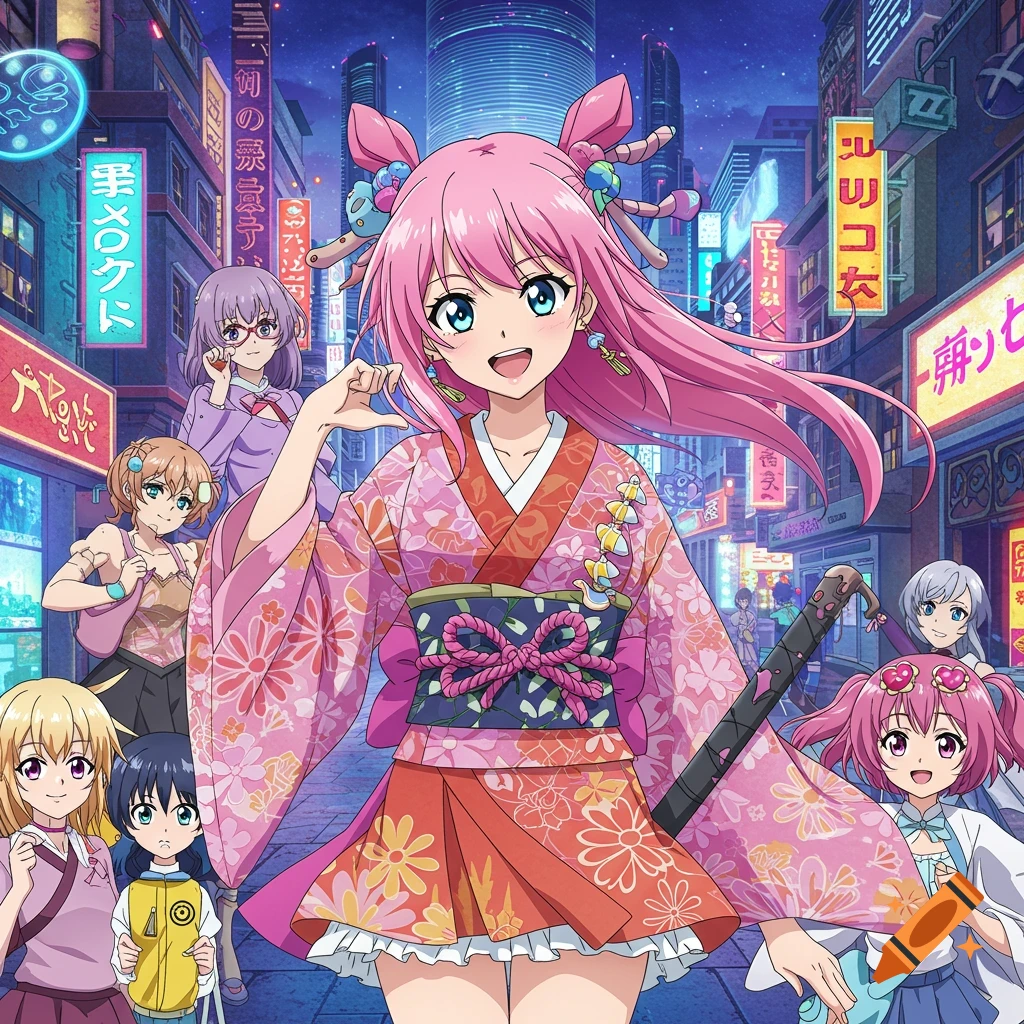 Anime characters in a neon-lit city street at night.