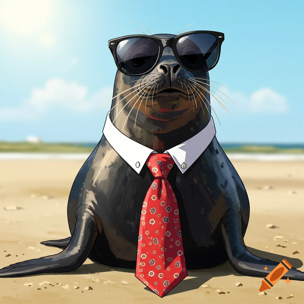 A cool seal wearing sunglasses and a tie on a beach