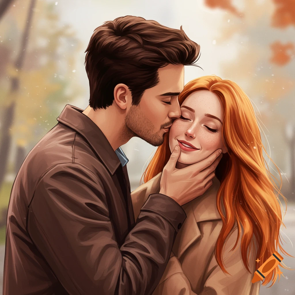 A man is kissing a woman on the cheek outdoors.