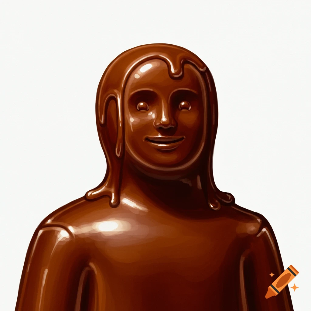 A chocolate statue of a person with chocolate dripping from the head.