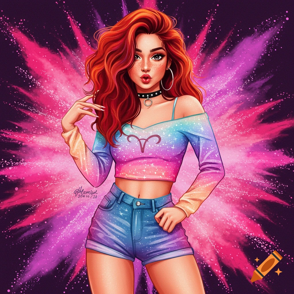 Stylized image of a girl with red hair wearing a colorful crop top with Aries symbol and denim shorts against a pink/purple background.