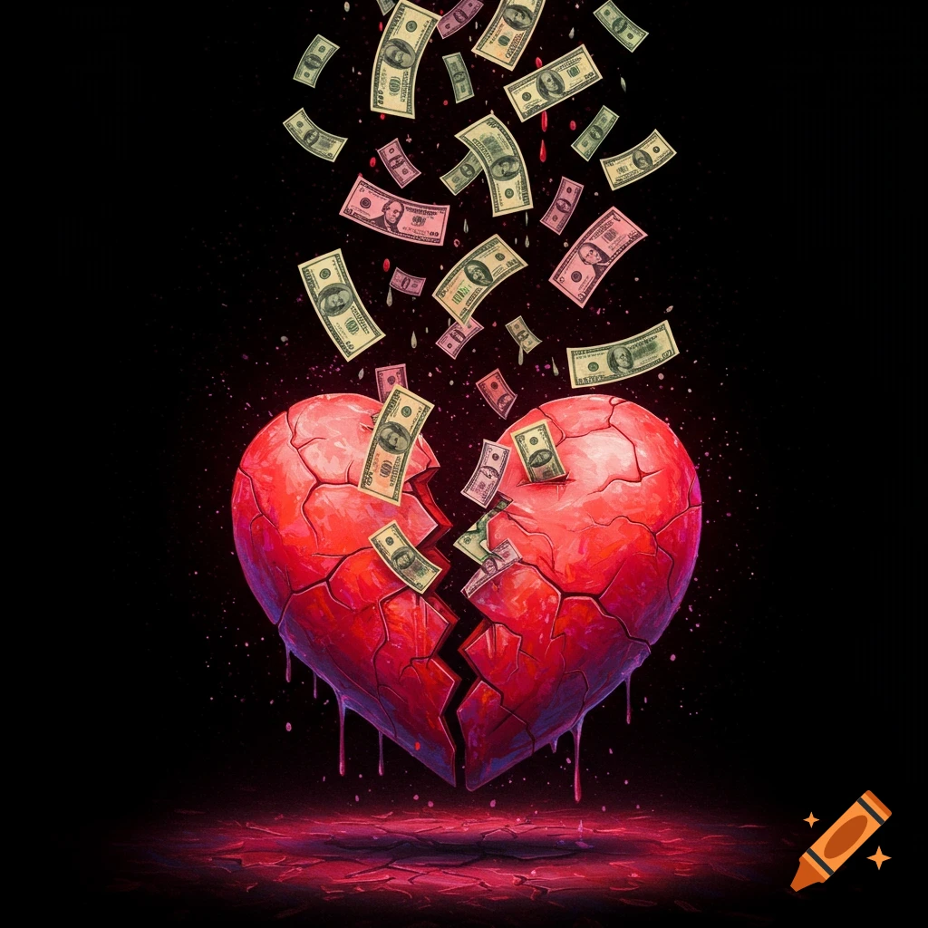 A red broken heart with dollar bills falling onto it.