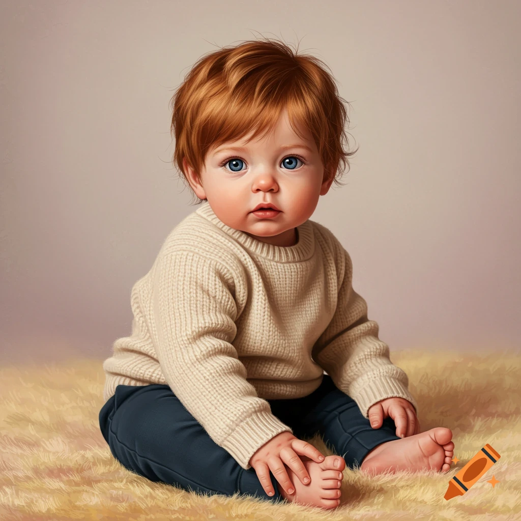Photorealistic portrait of a baby with red hair and blue eyes sitting on a rug.