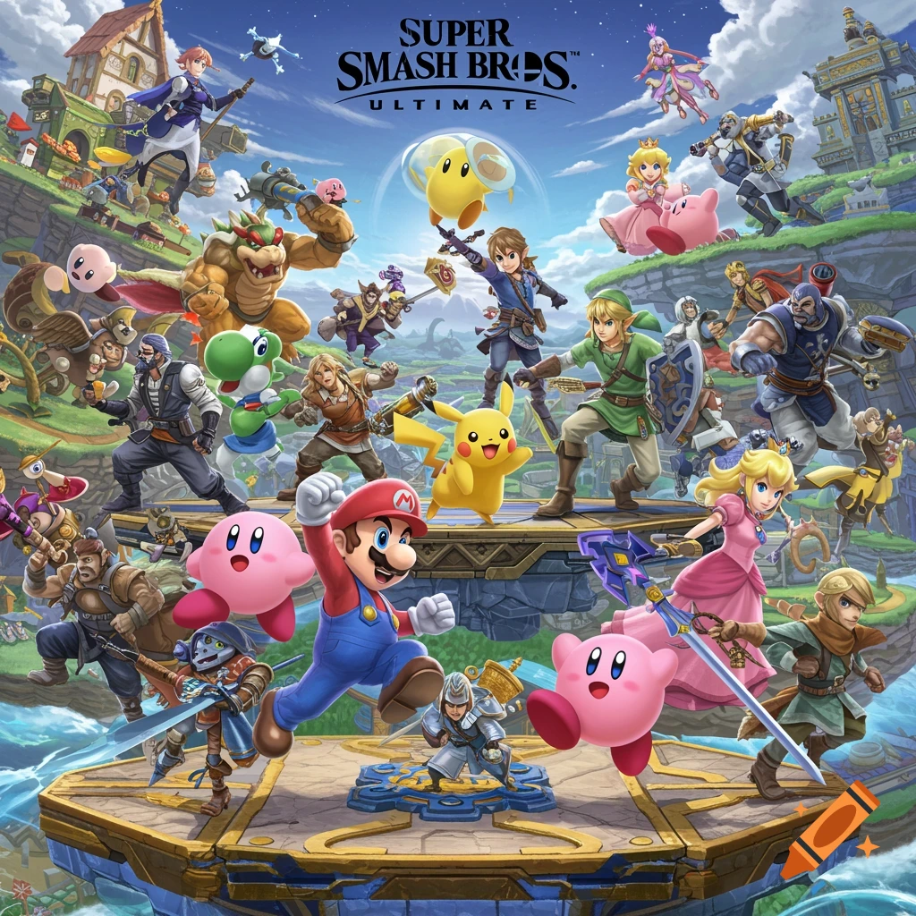 Many video game characters like Mario, Link, and Pikachu fighting on a stage with the Super Smash Bros. Ultimate logo.