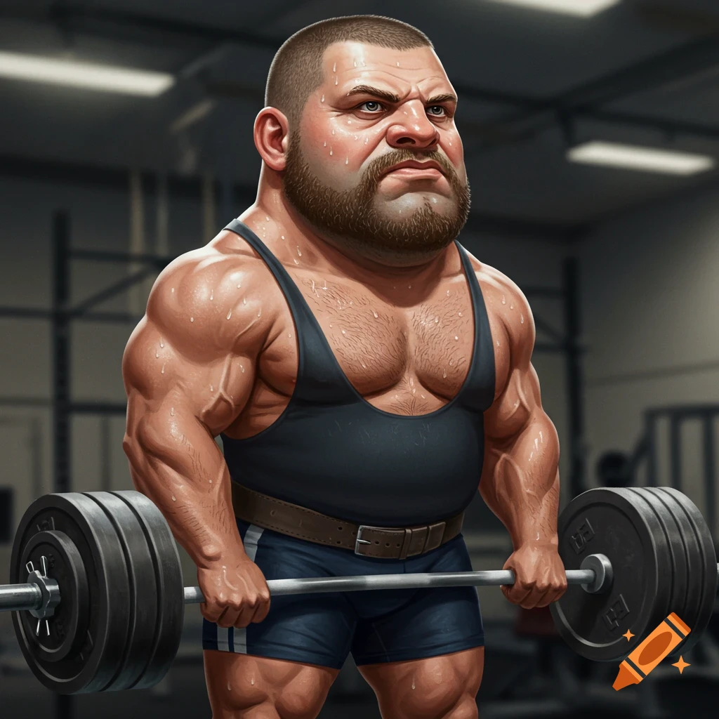 Cartoonish muscular weightlifter holding a barbell in a gym.