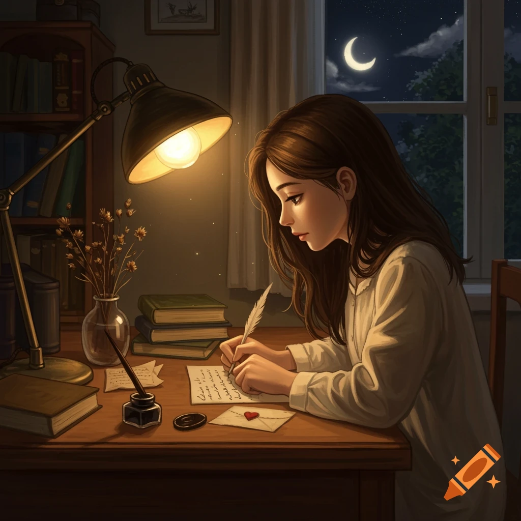 A young woman writing a letter at a desk by lamplight and moonlight.