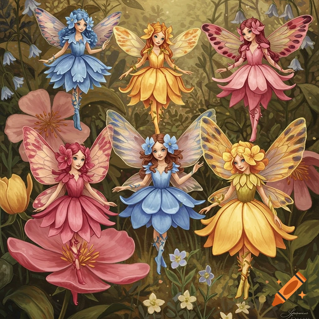 Multiple fairies in colorful flower dresses are standing among flowers in a forest setting.