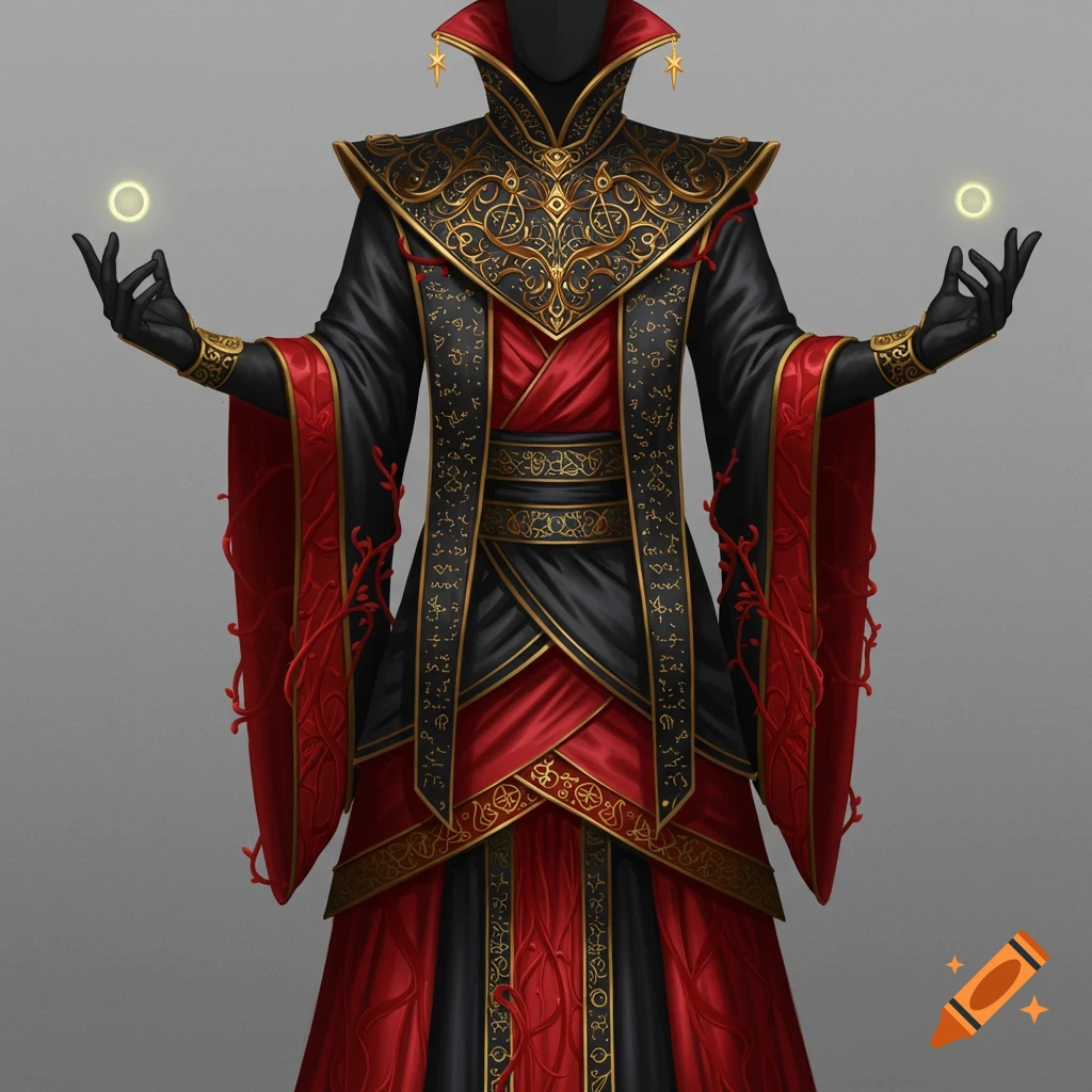 A figure in elaborate black and red fantasy robes holding glowing orbs.