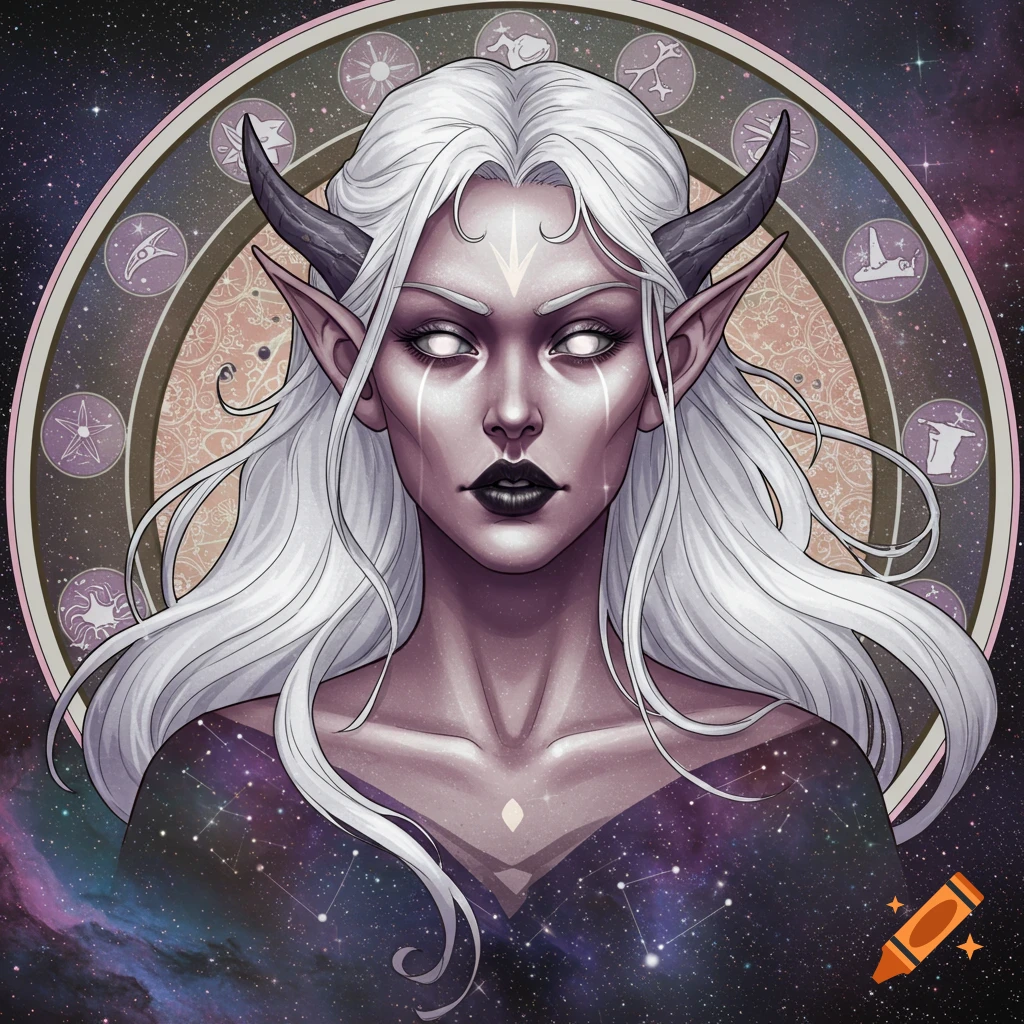 Portrait of a fantasy creature with horns, long white hair, glowing eyes, and pointed ears against a starry sky with a celestial circle.
