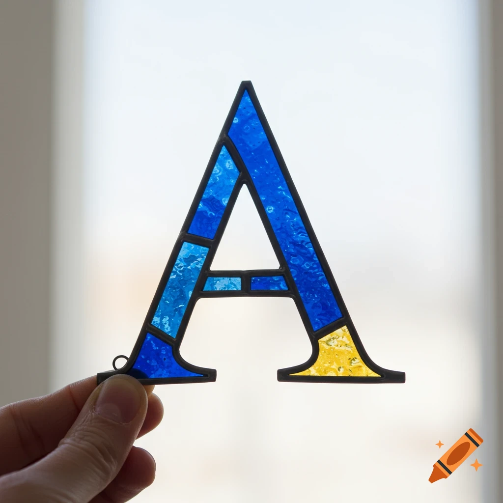 Hand holds a blue and yellow stained glass letter A