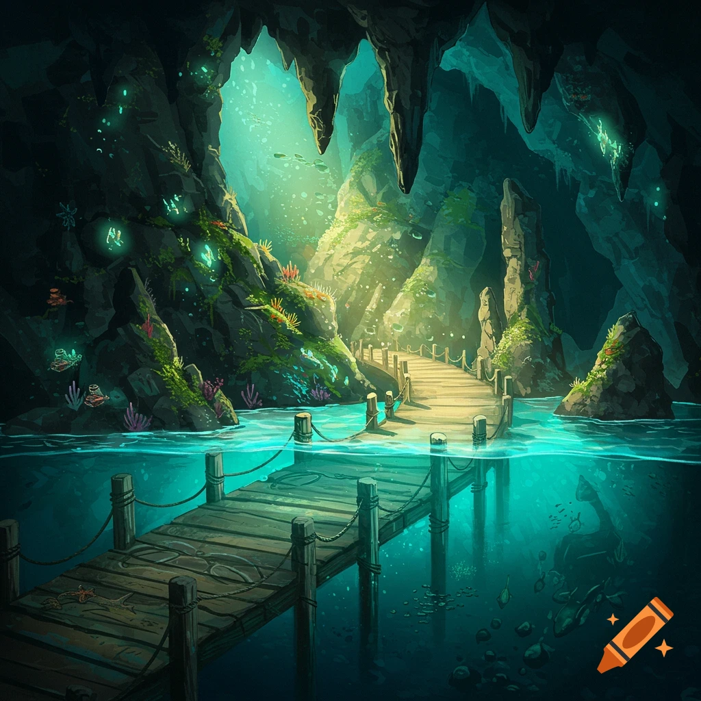 A cave half-submerged in glowing turquoise water, with a wooden dock leading into the lit depths.