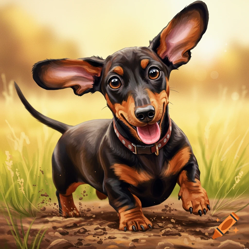 Happy Dachshund puppy running through a grassy field.