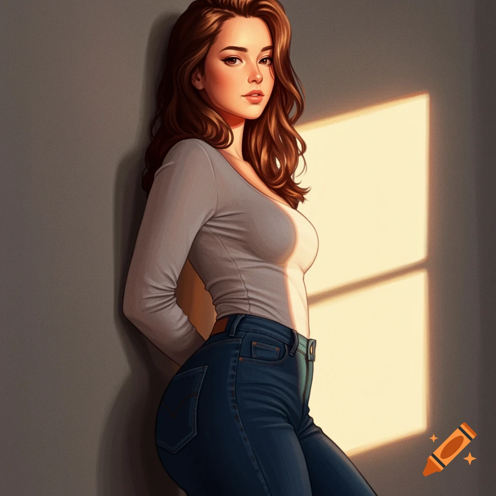 A woman in a grey shirt and jeans leans against a wall in sunlight.