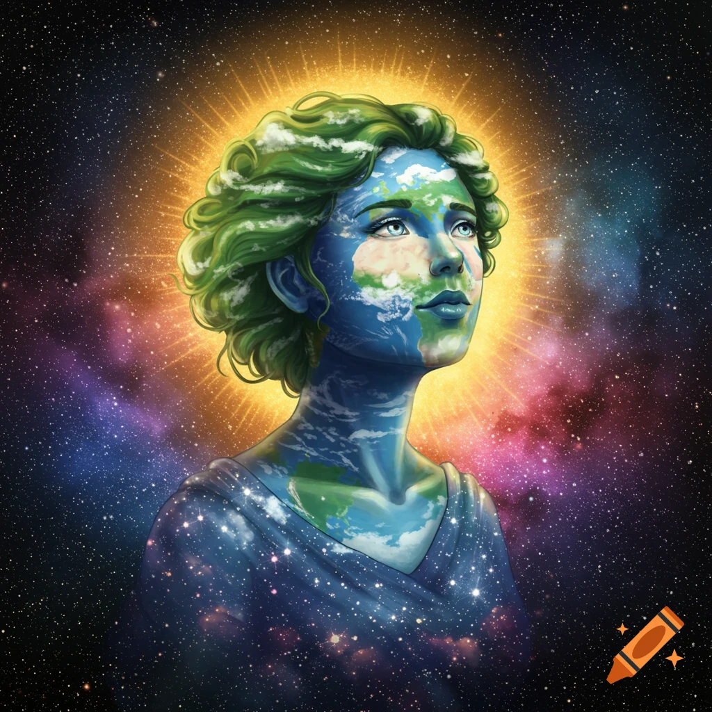 A female figure representing Earth is floating in space with a glow around her head.