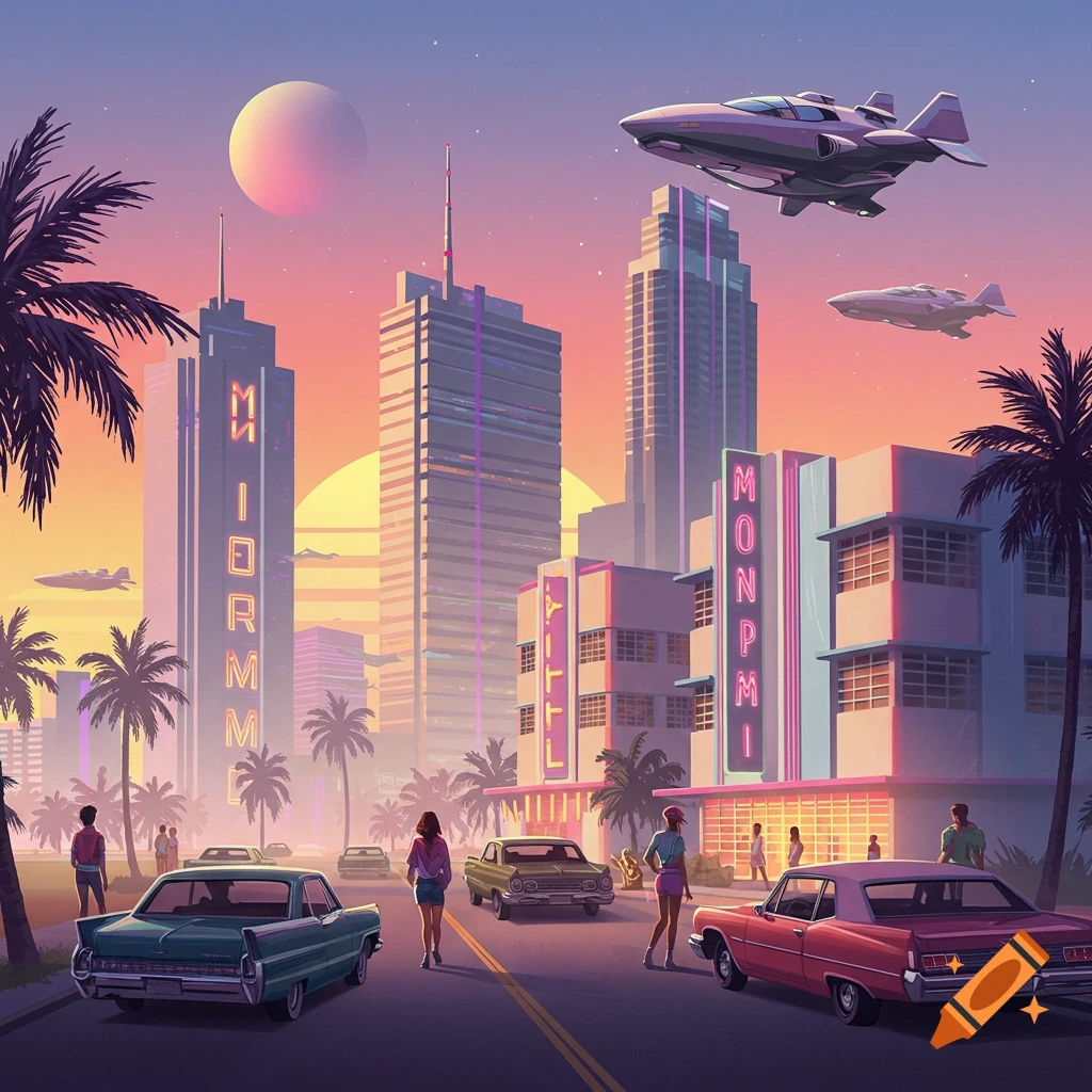 A retrofuturistic cityscape at sunset with palm trees, classic cars, stylized buildings, and flying vehicles.