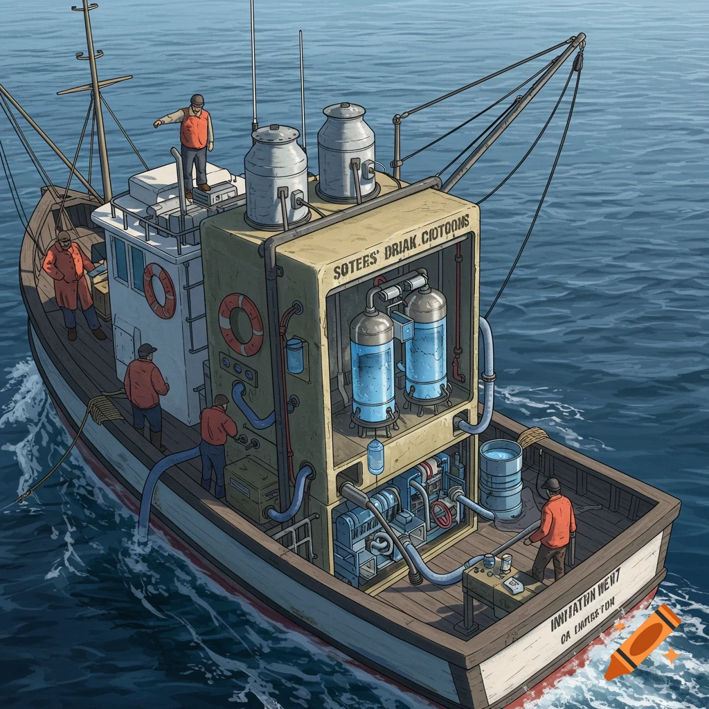 Illustration of a boat with a large water purification mechanism and crew at sea.