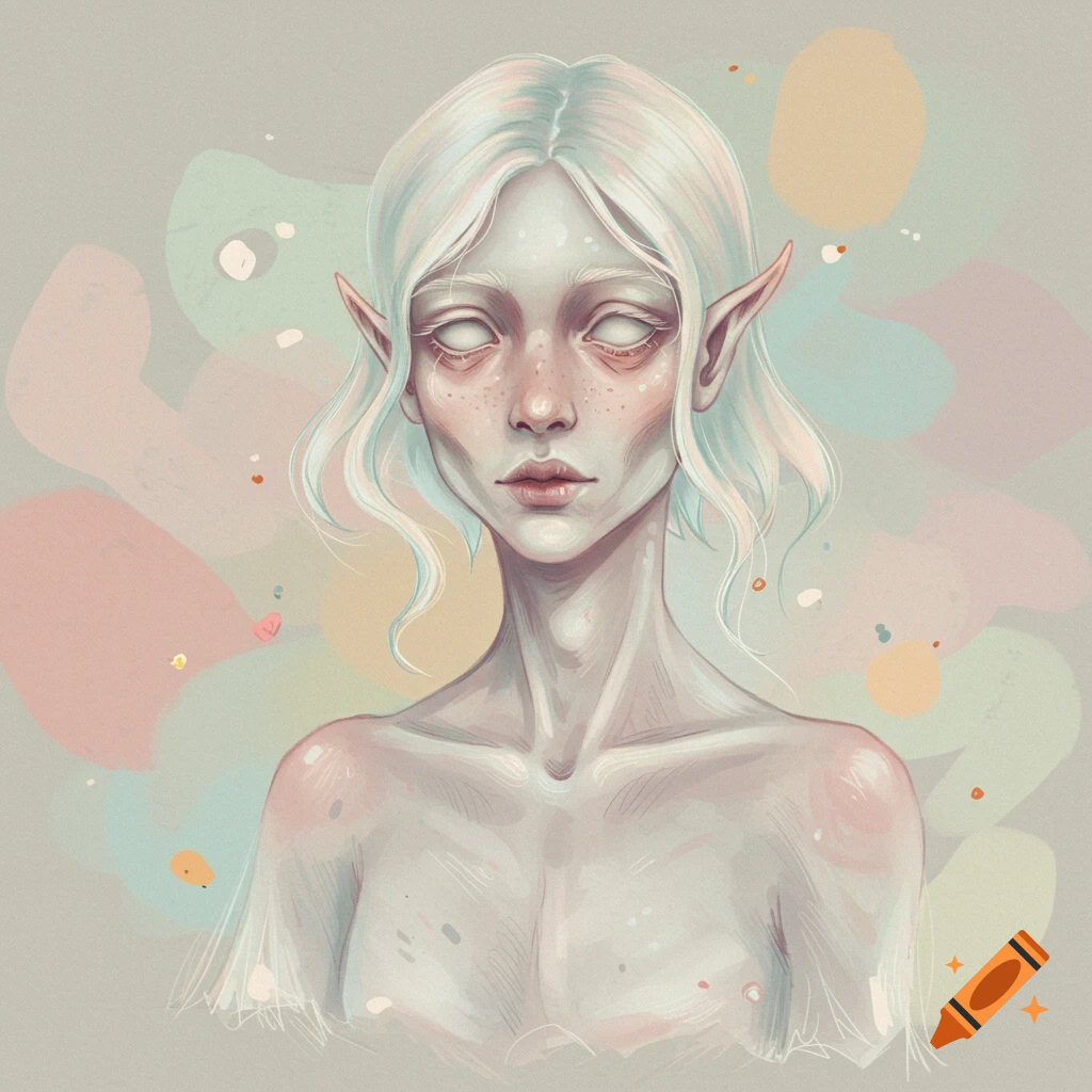 A pale fantasy figure with white hair and blank eyes against an abstract background.