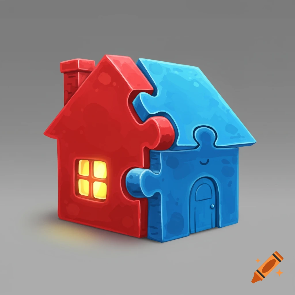 A house made of a red and a blue puzzle piece.