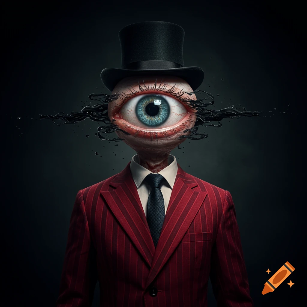 Surreal figure with an eyeball head wearing a pinstripe suit and top hat.