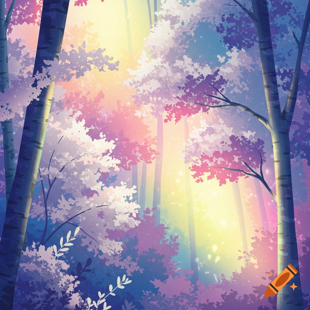 A vibrant image of a forest with colorful leaves and bright light rays streaming through the trees.