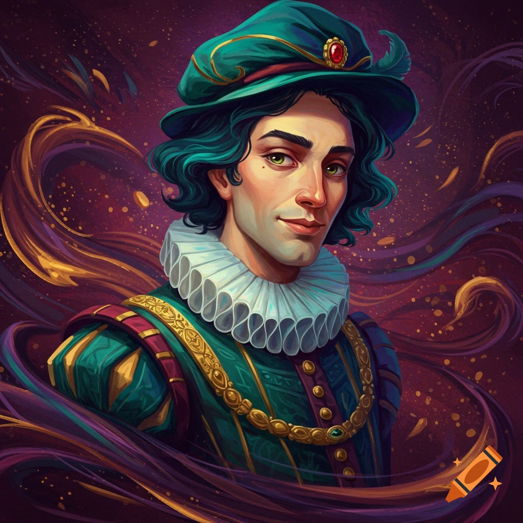 A man in Renaissance-style theatrical costume with a large ruff collar and green hat.