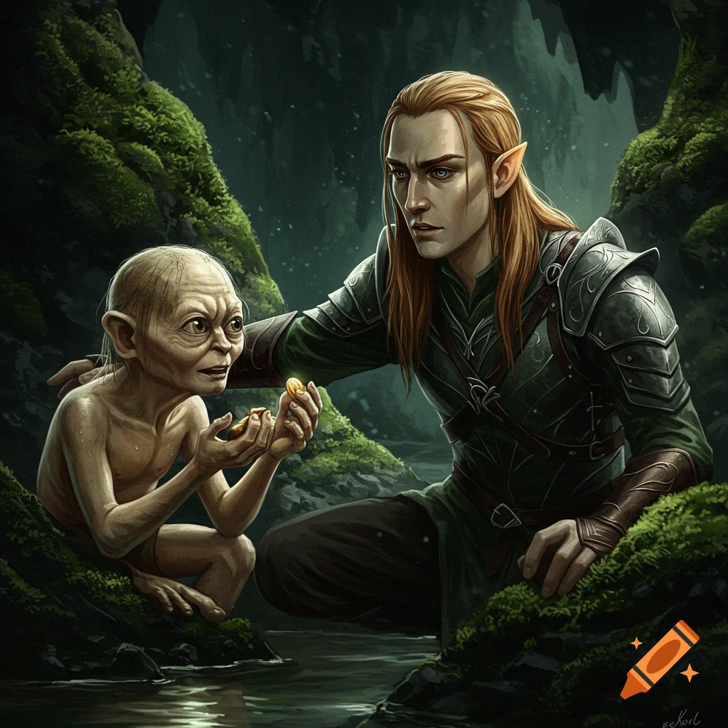 Gollum and an elf in a cave by a stream.