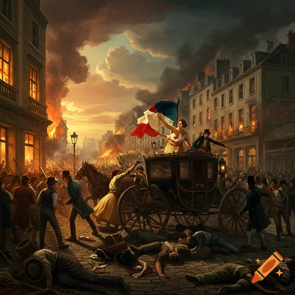 A revolution street scene with a woman on a carriage waving a French flag, fires, smoke, and people lying on the ground.