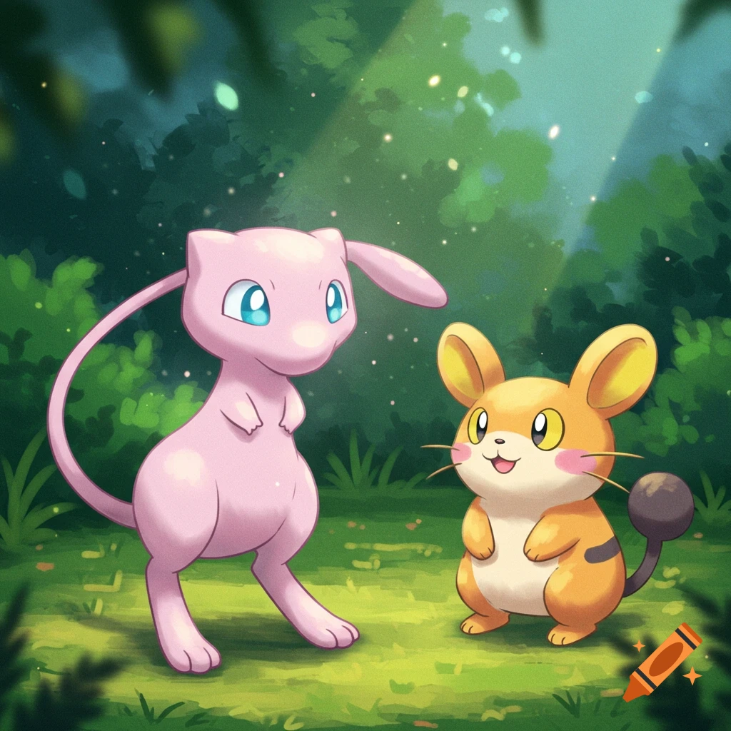 Mew and a smaller orange and yellow Pokemon stand in a sunlit forest clearing in a cartoon style.