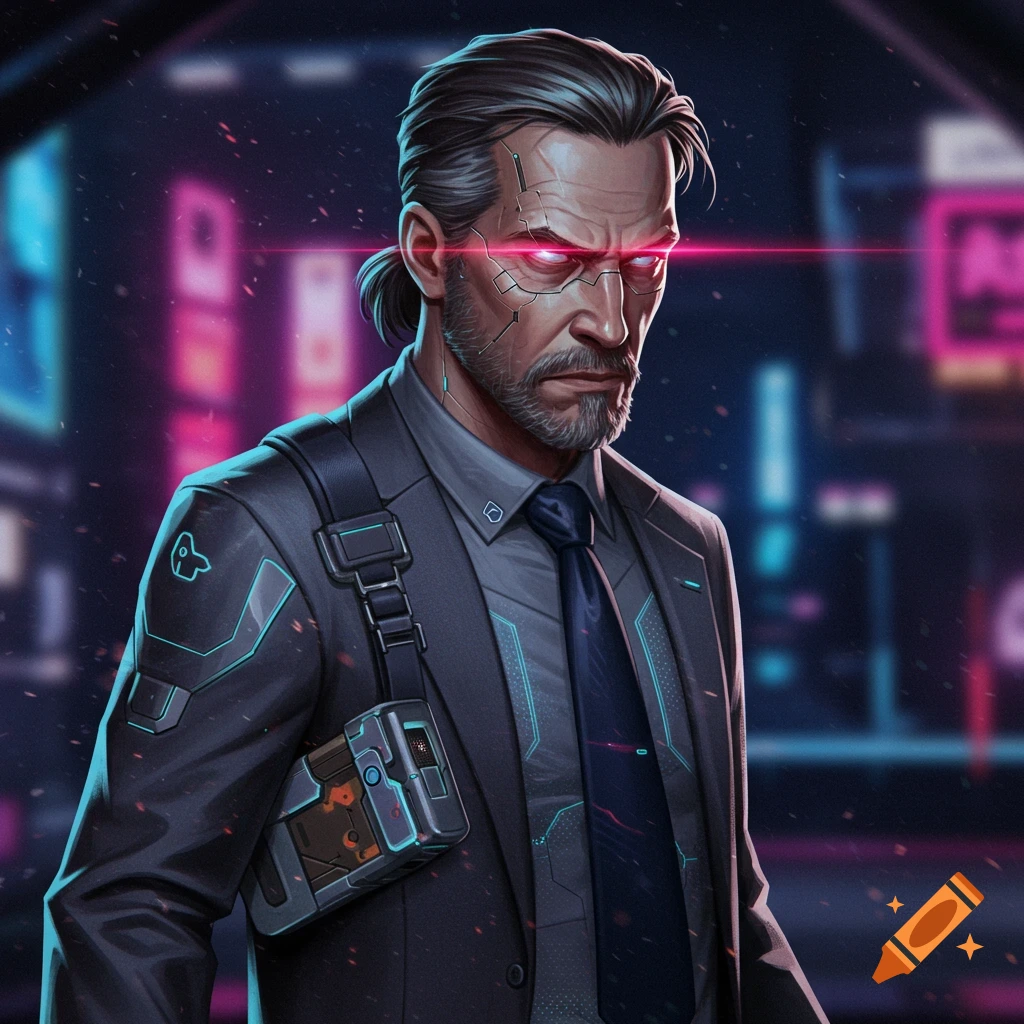 A man with glowing red cybernetic eyes in a suit, standing in a cyberpunk city.