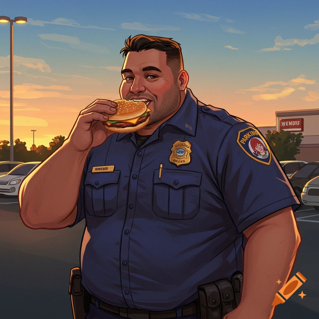 A parking officer is eating a large hamburger in a parking lot.