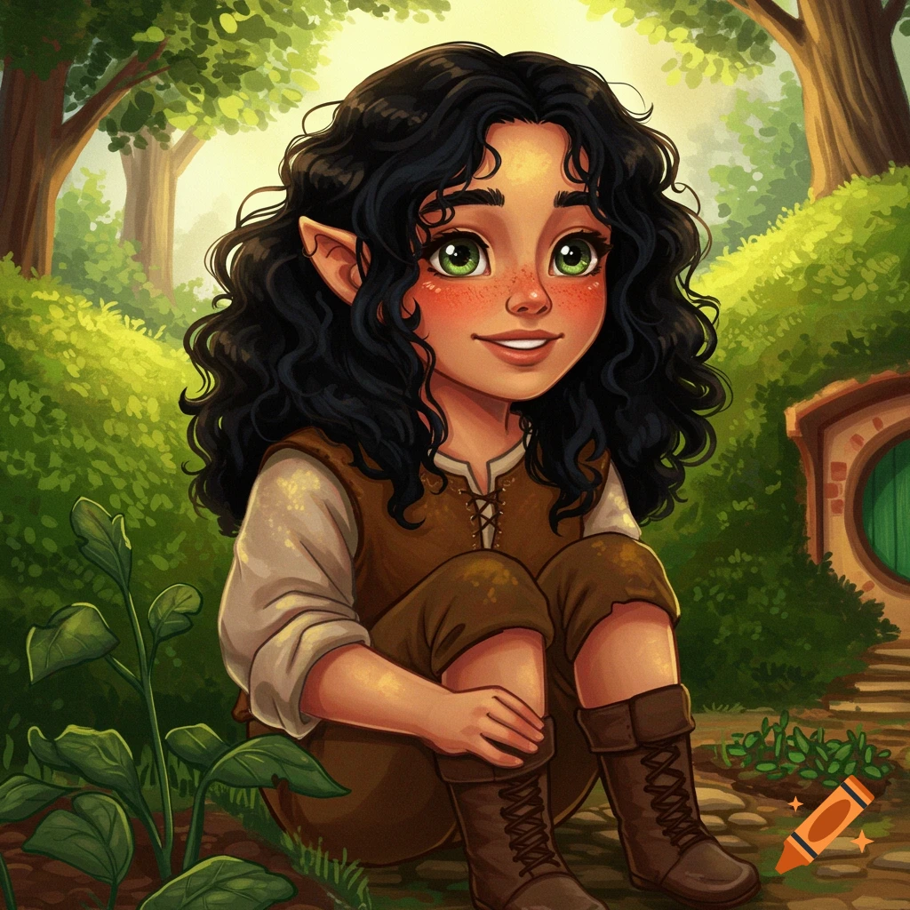 A whimsical image of a cute female hobbit sitting outside her round-door home in a forest garden.
