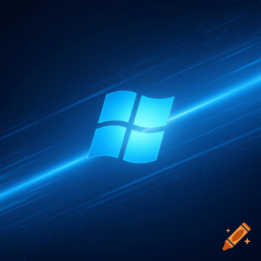 Stylized blue Windows logo with a bright light trail on a dark blue background.