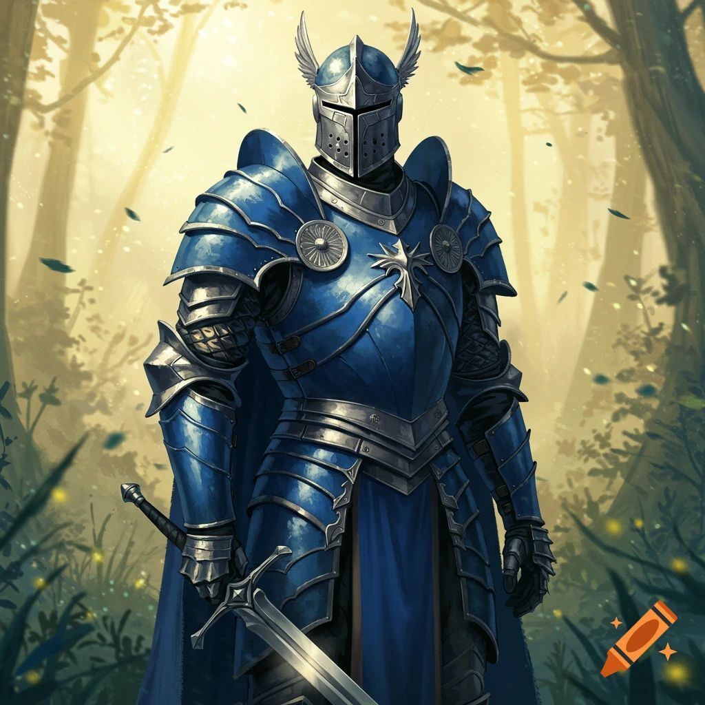 A knight in blue and silver armor holding a sword in a forest.