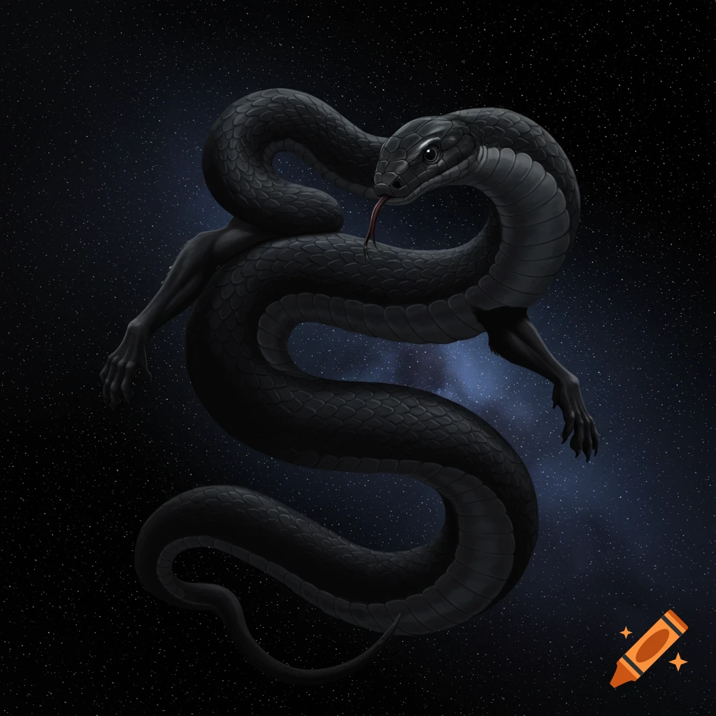 A black snake with arms against a starry space background