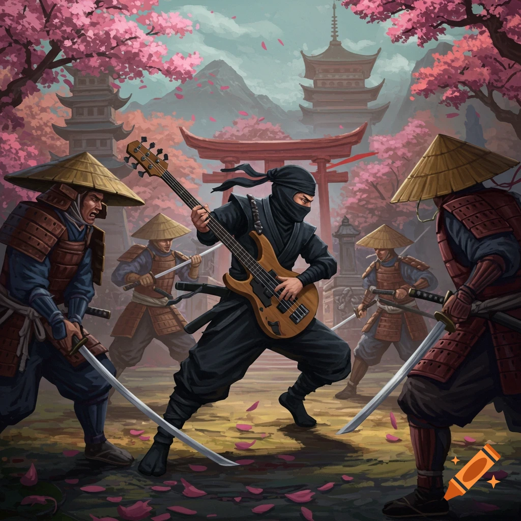 A ninja playing a bass guitar while fighting samurai in a landscape with cherry blossoms and pagodas.