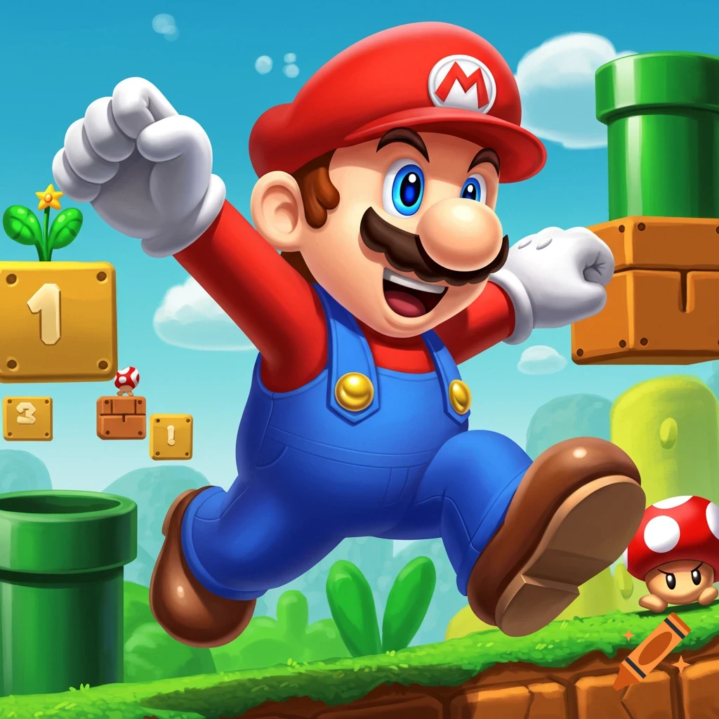 Mario jumping in a classic video game level with pipes and blocks.