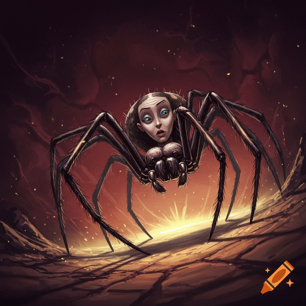 A spider with a human face in a fiery setting.