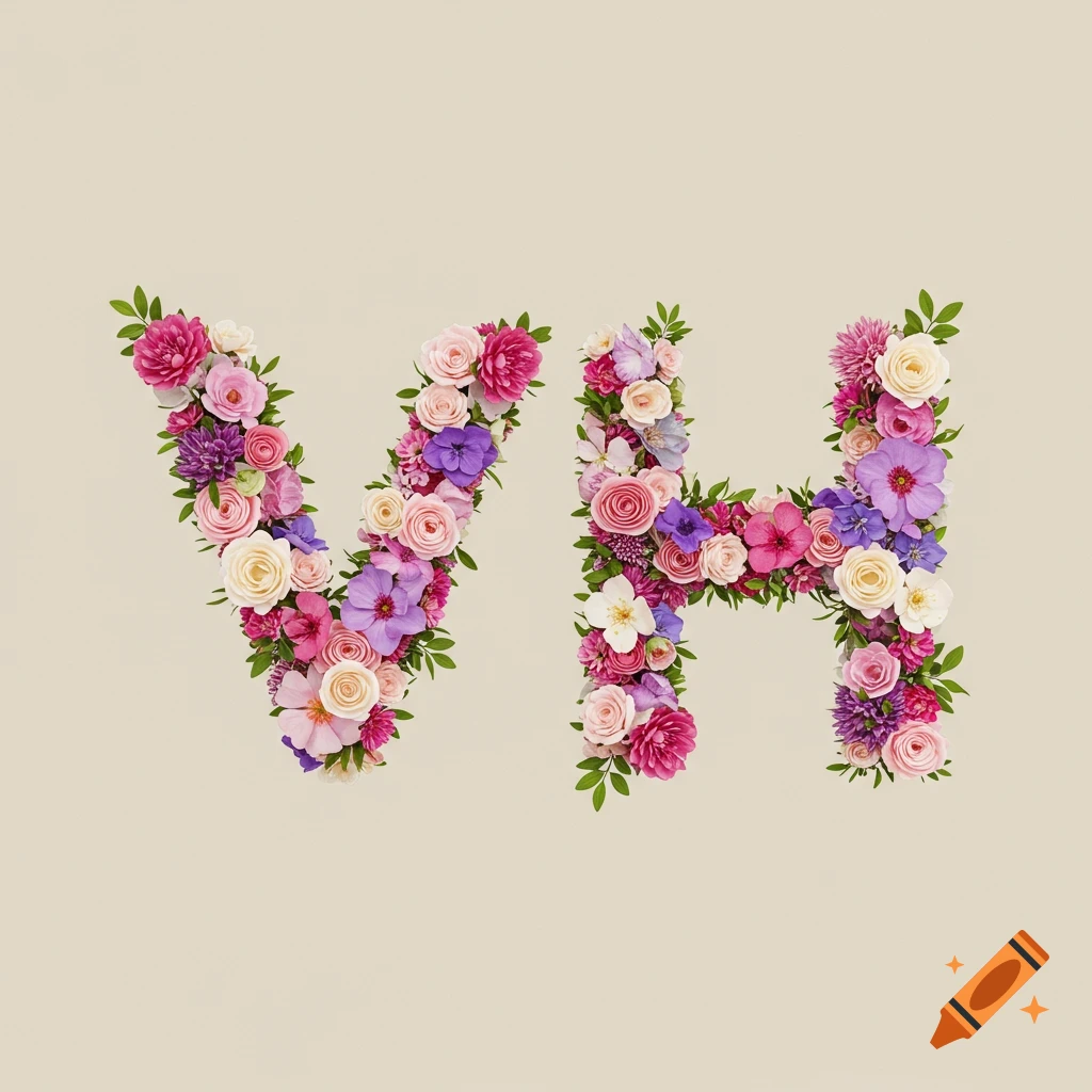 The initials V and H formed by pink, purple, and white flowers against a light background.