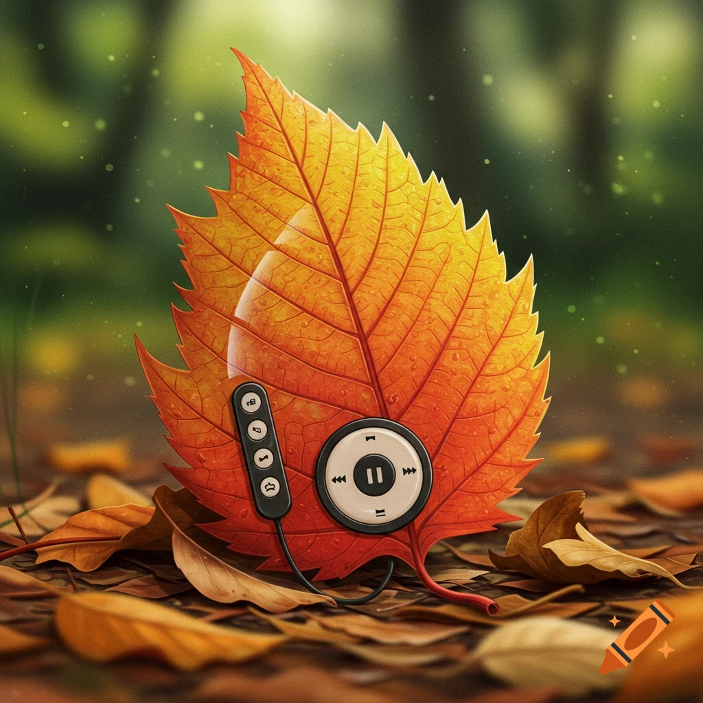 An autumn leaf designed as an MP3 player, lying on a forest floor.