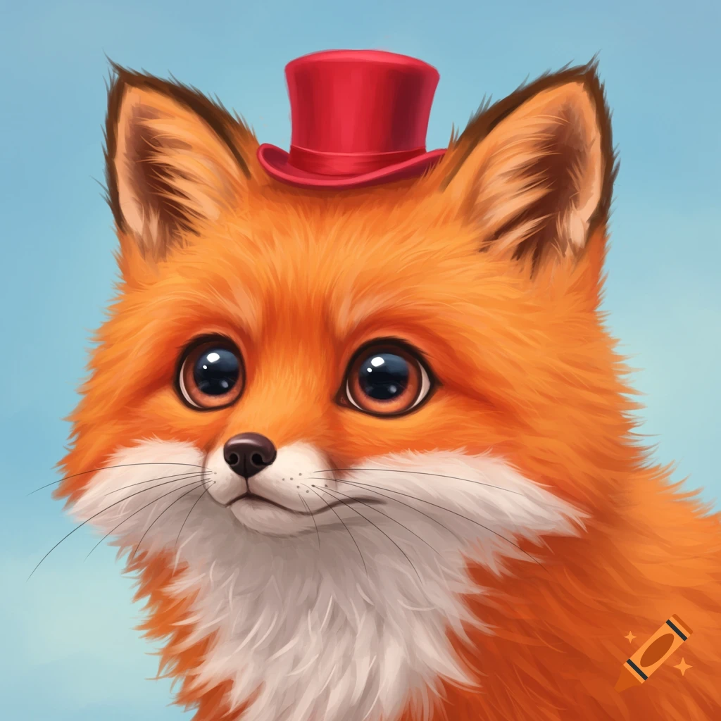 A cute, fluffy orange fox wearing a red top hat in a whimsical style.