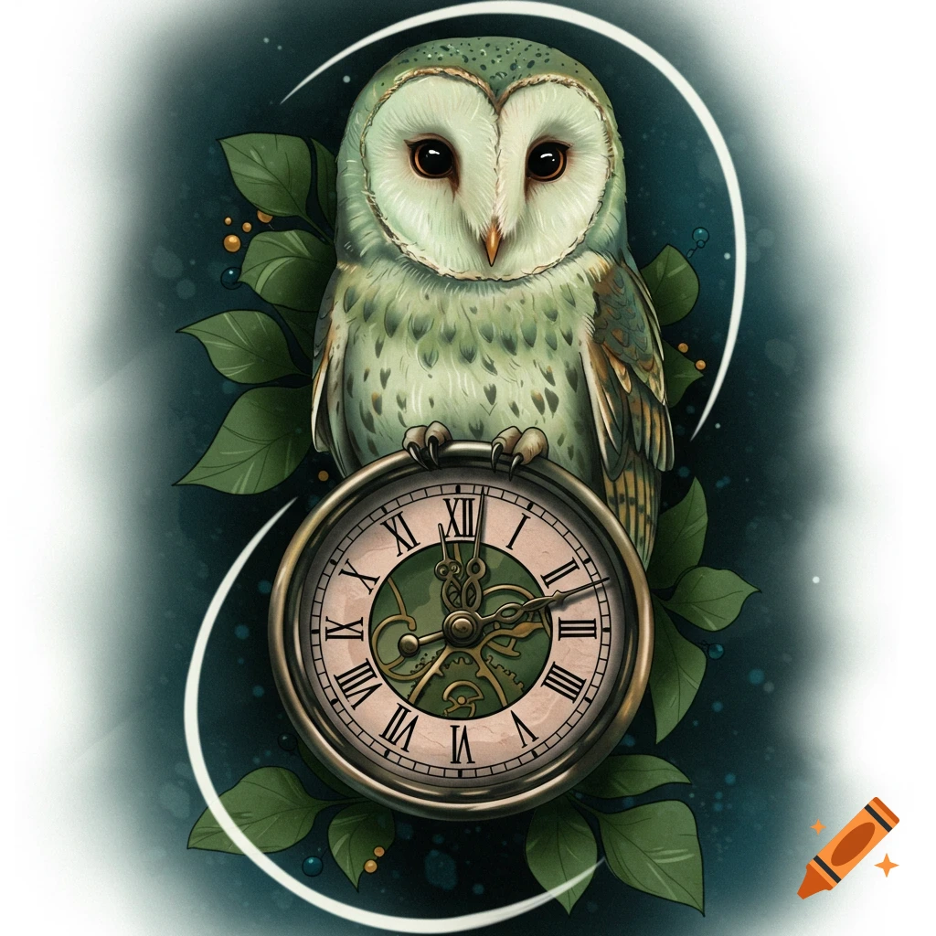a barn owl perched on a pocket watch with Roman numerals, surrounded by leaves and glowing dots.