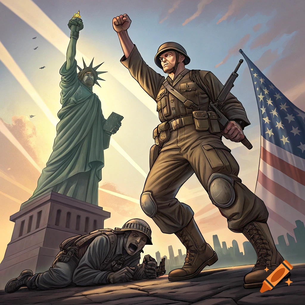 Illustration of an American soldier with raised fist, Statue of Liberty, US flag, and defeated soldier.